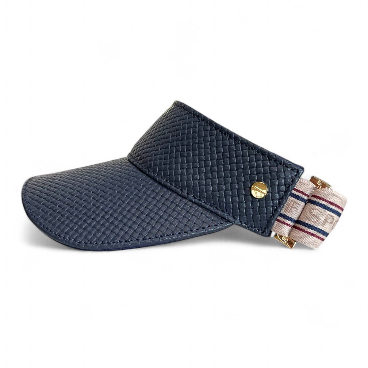 The Leather Visor - Navy Basketweave, Varsity Striped Elastic & Gold