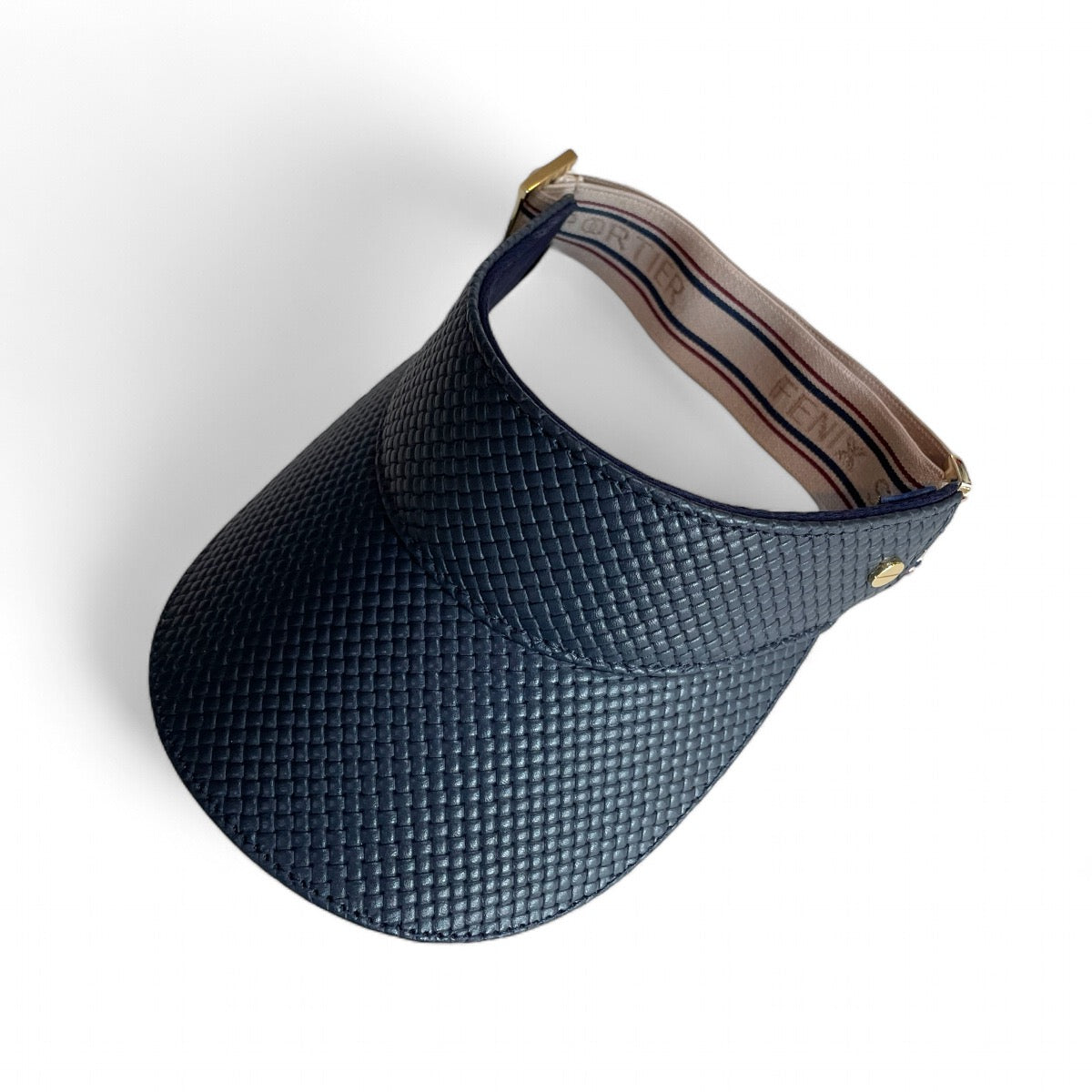 The Visor - Navy Basketweave Leather, Varsity Striped Elastic & Gold