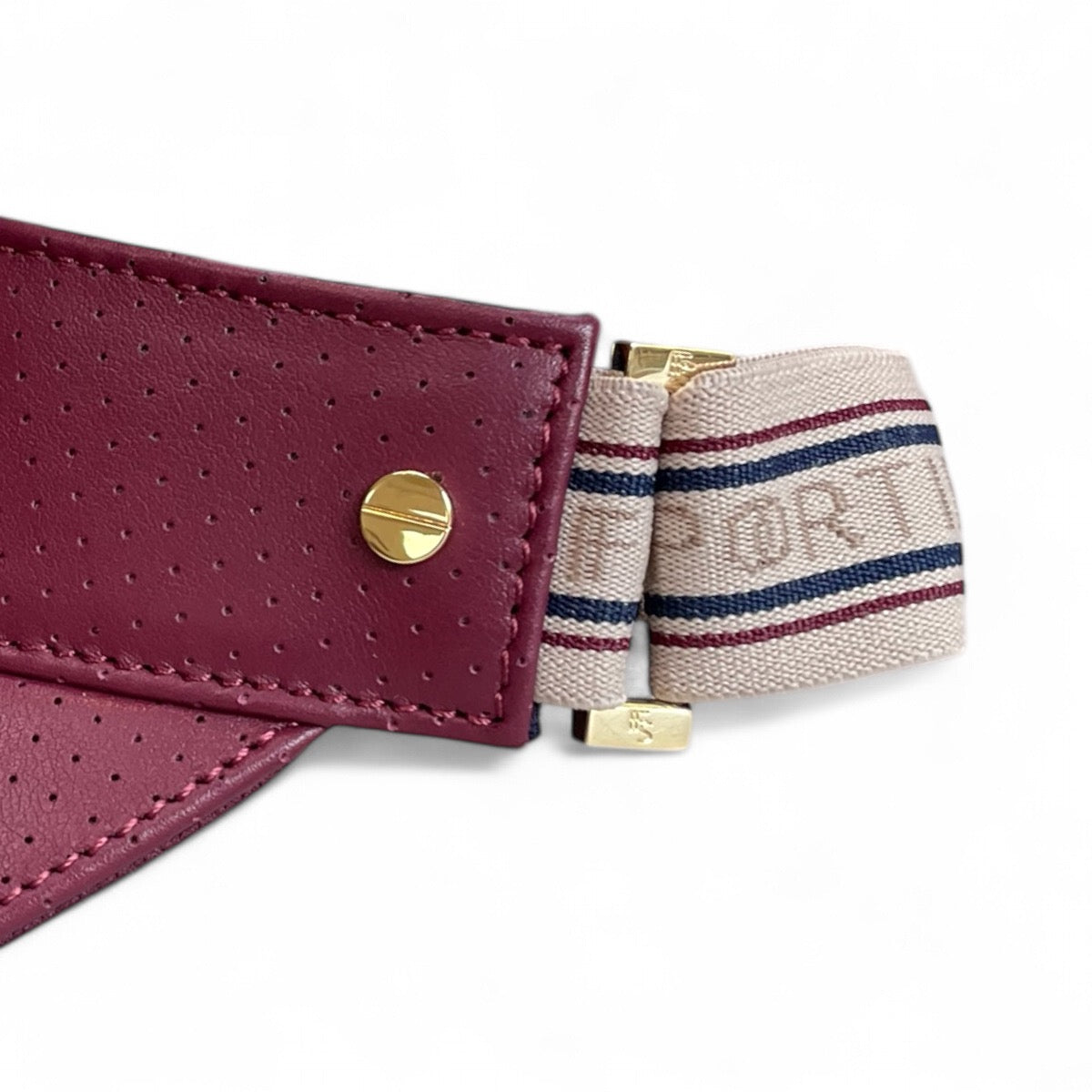 The Visor - Crimson Leather, Varsity Striped Elastic & Gold