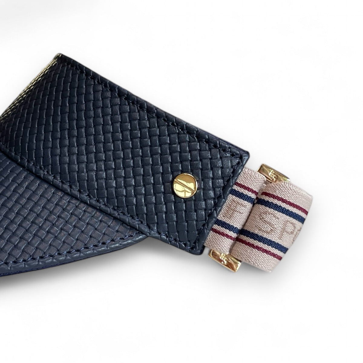 The Visor - Navy Basketweave Leather, Varsity Striped Elastic & Gold