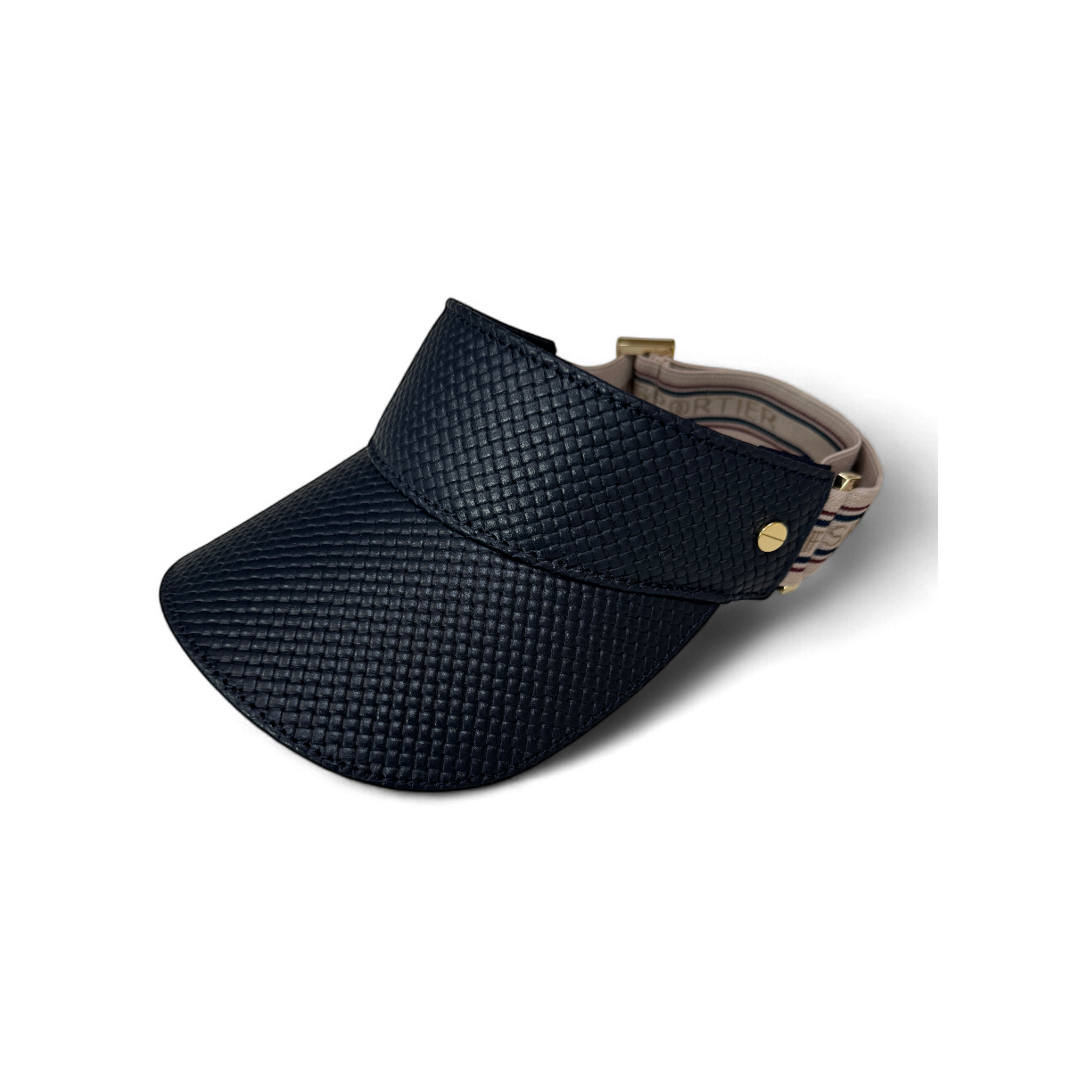 The Visor - Navy Basketweave Leather, Varsity Striped Elastic & Gold